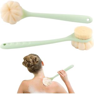 2-Pack - Badkamerborstel - Lange steel - Bevestigbaar - Zachte borstel voor de rug + Loofah-spons - Exfoliërende natte en droge massageborstel - Groen