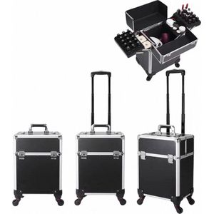 Kapper Koffer| Nagel | Visagist | Make-up | Cosmetica | Schminken | Trolley stevig en gemaakt van aluminium | 3 Delig | 8 Wielen | Bedekt met mooie zilver strips
