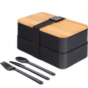 Box Japanse broodtrommel met vakken, 3-delige bestek - lunchdoos met bamboedeksel voor op school en op werk, voor kinderen en volwassenen