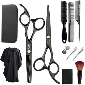 CHIWIN 11-Delige Kappersset Professioneel - Kappersschaar Rechtshandig - Roestvrij Staal - Uitdunschaar - Inclusief Kappersmantel - Voor Dames/Heren/Kinderen - Vaderdag Cadeau - Makkelijk schoon te maken - Zwart