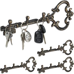 Relaxdays 4x sleutelrekje vintage - sleutel organizer 3 haken- sleutelrek 3 haken brons
