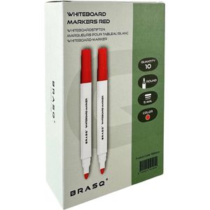 BRASQ Whiteboard marker - Whiteboard Stiften - Whiteboard Marker - 10 Stuks - Verschillende Kleuren - Stiften Kinderen - Stiften voor Volwassenen -marker rond 5mm Rood