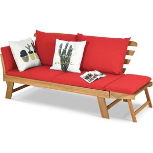 Houten Tuinbank met Ligfunctie – 2-3-Zits, Inklapbare Armleuningen & Kussen, Rood