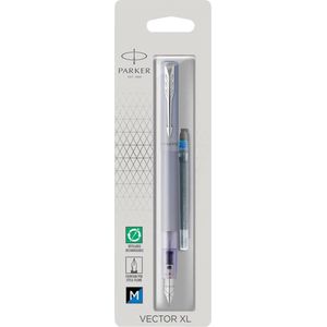 Parker Vector XL vulpen | metallic zilverblauwe lak op messing met chroom detail | medium penpunt met blauwe inkt navulling