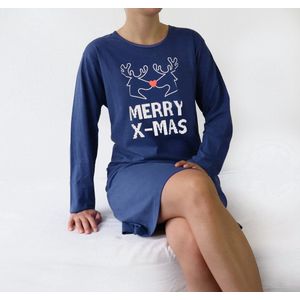 Temptation Dames Nachthemd - Lange Mouw - Kerst - Blauw - Maat S