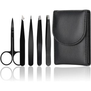 New Age Devi - Luxe Epileer Set - Pincet Wenkbrauw Schaar Scheermesje - Voor Perfecte Wenkbrauwen - 5-Delig - Zwart - Inclusief Etui