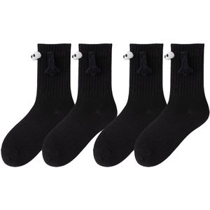 2 stuks hand-in-hand sokken magnetische sokken met middenbuis - zwart-witte 3D poppensokken - antislip veelzijdige sokken - kerst-/verjaardagscadeau (Zwart)