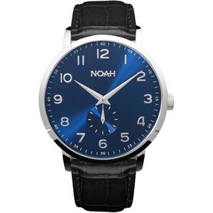 NOAH Slimline Blue leather - horloge - saffierglas - Italiaans zwarte lederen band - Ø 43 mm - blauw/zwart