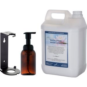 Zeepdispenser 300 ml amber bruin hervulbaar + 5 liter Bodylotion White Lotus navulling (inclusief beugel)