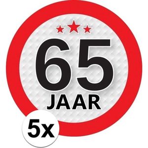 5x 65 Jaar leeftijd stickers rond 9 cm - 65 jaar verjaardag/jubileum versiering