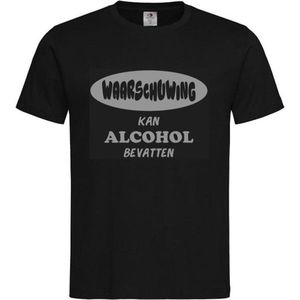 T-shirt Unisex Volwassenen Lol - carnaval - kermis - feestje - grappig Tekst ""Waarschuwing Kan alcohol bevatten"" Op Voorkant | korte mouw | Zwart/grijs | maat M