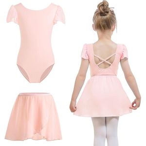E-Ambar - Meisjes Balletkleding met Afneembare Balletrok en Pofmouwen - Roze - Maat 110 (4-6 Jaar) - Danslichaam voor Kinderen