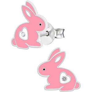 Oorbellen meisje | Zilveren kinderoorbellen | Zilveren oorstekers, roze konijn met hartje en kristal