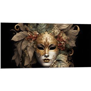 PVC Schuimplaat- Venetiaanse carnavals Masker met Gouden en Beige Details tegen Zwarte Achtergrond - 100x50 cm Foto op PVC Schuimplaat