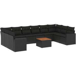 The Living Store 11-delige Loungeset met kussens poly rattan zwart - Tuinmeubleset - Lounge Set - Pe Rattan - Zwarte Tuinbank - Outdoor Furniture