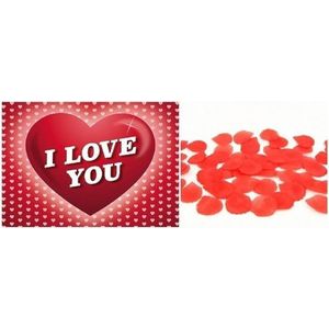 Valentijnsdag pakket - Rode rozenblaadjes met I Love You valentijnskaart