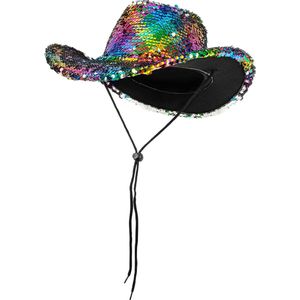 KIMU Cowboyhoed Regenboog Zilver Pailletten - Pride Gekleurd Cowboy Hoed Sequin - Rodeo Feest Foute Party Dames Heren Festival
