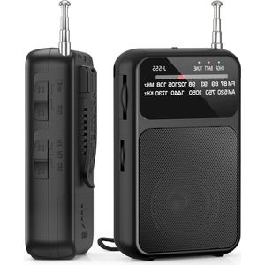 oCreon J-555 AM/FM/UKW Mini Radio - USB-C - AAA Batterijen - Met Clip & Lanyard voor Camping (Zwart)