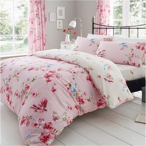 Luxe BIRDIE BLOSSOM Bed Set met Dekbedovertrek en kussensloop, Polyester-Katoen, Roze, Dubbel (200 x 200 cm)