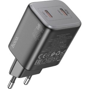 Hoco - 45W USB C Oplader - Snellader Geschikt voor iPhone en Samsung - Dubbele USB C Adapter - Zwart