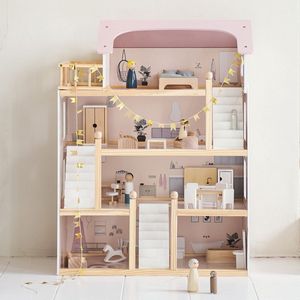 Petite Amélie Houten Poppenhuis Roze - H. 80 cm - Incl. 19 Poppenhuis Meubels – Vier Verdiepingen vol Fantasie – Voor een betoverende Sprookjeswerel