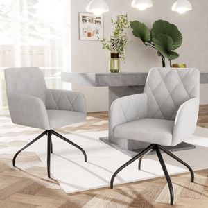 Sweiko 2 sets Van 360° Roterende Diamant Patroon Eetkamerstoelen, Kussens fauteuils met 4-metalen poten, moderne vrijetijdsstoelen, slaapkamer en woonkamer stoelen, studio, lendensteun, Fluweel, Grijs(Geen tabel)