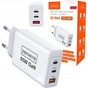 USB C Adapter oplader USB stekker - Zenwire - Super Snel Laden - Snellader - Telefoon oplader - 65W GaN Snellader - Voor Laptop & Smartphone - 2x USB-C & 1x USB-A 3.0 Adapter - GaN Technologie - 3-Poorts GaN - PowerIQ - Wit