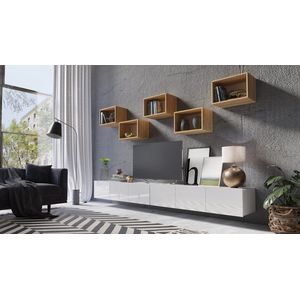TV-meubel - 7 elementen - TV-kast met ophangmogelijkheid - 300 cm - Wit glans - goud eiken