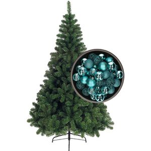 Bellatio Decorations kerstboom H150 cm - met kerstballen turquoise blauw