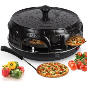 CuisineKing Pizza Oven Black Edition - 6 Personen - Handgemaakte Terracotta Koepel - RVS bakplaat 1100 Watt - Pizzaovens - Incl. 6 Spatels en deegvorm