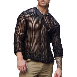 Transparant Mesh Hemd met Lange Mouwen Visnet T-shirt voor Heren - Sexy Mesh Top Clubwear XXXL Zwart