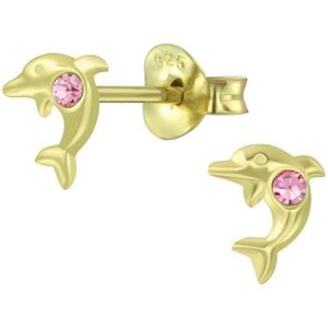 Joy|S - Zilveren dolfijn kinderoorbellen - 4 x 5 mm - kristal roze - gold plated