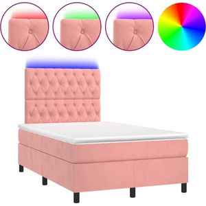 vidaXL - Boxspring - met - matras - en - LED - fluweel - roze - 120x200 - cm