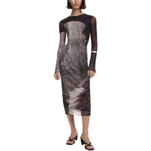 Desigual - Printed Long Sleeve Round Neck Dress - Bruin - Jurken