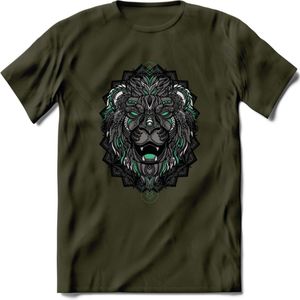 Leeuw - Dieren Mandala T-Shirt | Aqua | Grappig Verjaardag Zentangle Dierenkop Cadeau Shirt | Dames - Heren - Unisex | Wildlife Tshirt Kleding Kado | - Leger Groen - S