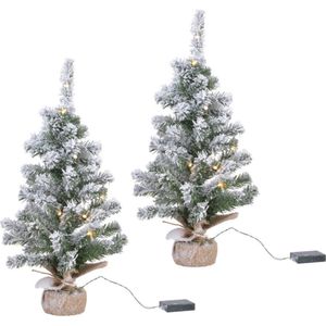 2x stuks kunstbomen/kunst kerstboom met sneeuw en licht 90 cm - Kunst kerstboompjes/kunstboompjes met kerstverlichting