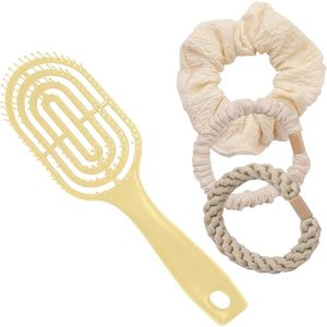 Haarborstel Zonder Trekken - Ontklitborstel Geschikt voor Krullen en Lang Haar - Duurzame Haarborstel met 3 Stuks Haarbandjes - Lichtgeel