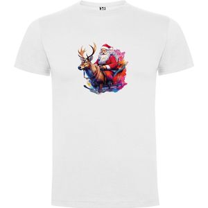 Wit T-Shirt met “Kleurrijke DE Kerstman Merry Christmas met Slee en Rendier “ Print Full Color Maat S