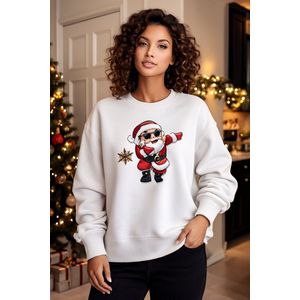 La Booty Kersttrui Dames- Oversized- Zachte Sweatstof Off White- Dabbing Santa Print- maat L/ XL