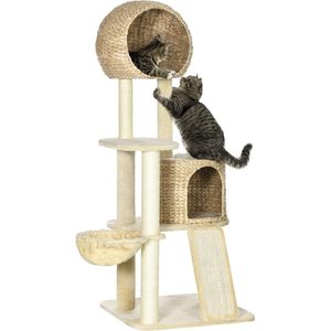 Krabpaal met Pawhut, 150 cm - Krabpaal met Kattenhuis, Klimboom met Hangmat Sisalpaal en Helling, Krabpaal voor Katten, Speelboom met Kantelbescherming, Pluche (beige)