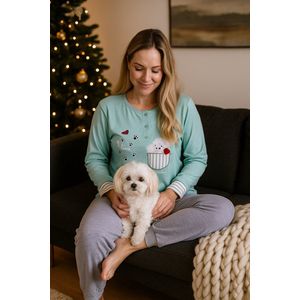 Pyjama - Pyjama Winter - Dames - Ronde Hals - maat M - Hond- Super zacht - HQ - Hond in tas - Hondenvoetjes - Roze - grijs - Wit