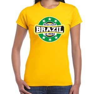 Have fear Brazil is here t-shirt met sterren embleem in de kleuren van de Braziliaanse vlag - geel - dames - Brazilie supporter / Braziliaans elftal fan shirt / EK / WK / kleding XL