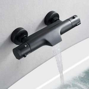 Douche-armatuur, zwart, thermostaat, inbouwdouchethermostaat met 38 °C veiligheidsvergrendeling, ventielkern, afneembare thermostaat, douchemengkraan van messing, voor badkuiparmaturen