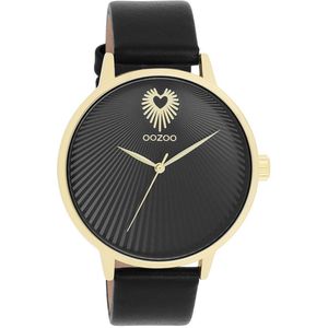 OOZOO Timepieces - Goudkleurige OOZOO horloge met zwarte leren band - C11242