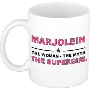 Naam cadeau Marjolein - The woman, The myth the supergirl koffie mok / beker 300 ml - naam/namen mokken - Cadeau voor o.a verjaardag/ moederdag/ pensioen/ geslaagd/ bedankt