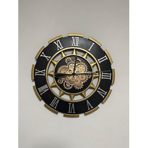 mbc-living - wandklok Black Pearl - met draaiende tandwielen - mat zwart met goud - 70cm dia - stil uurwerk