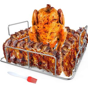 Beercan Chicken Roaster en Rib Rack met Silicone Oil Brush Square RVS Grillstandaard voor Smoker, Oven en Grill Bereid tot 4 ribben en een hele kip tegelijk.
