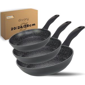 DIVORY Pannenset - Koekenpan Set Inductie 20cm, 24cm, 28cm – Antiaanbak Grote Universele Pannen - Vaatwasser veilig - Aluminium Hapjespan - Veilige Handgrepen - Koekepan (Zwart koekenpannenset, 20 cm 24 cm, 28 cm)