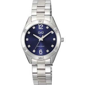 Q&Q Q83B-005PY - Horloge - Polshorloge - Analoog - Dames - Vrouwen - stalen band - Metaal - Overig - Cijfers - Stippen - Briljanten - Zilverkleurig - DonkerBlauw