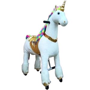 PonyRide Rijdend Speelgoed Paard - Hobbelpaard - Eenhoorn - Unicorn - 74x29x79 cm - 3-6 Jaar - Inclusief Inline Skate Wieltjes en leder zitje - Regenboog